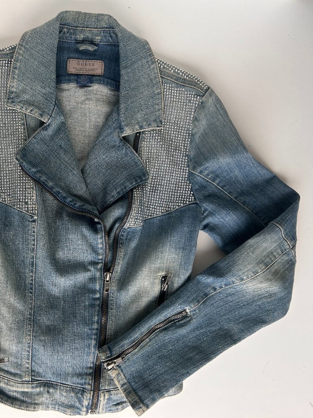 Y2K Guess Rhinestone Denim Moto Jacket Studded Biker S